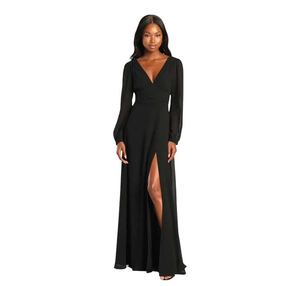 Lulus L Love You So Black Long Sleeve Open Back Pleated Empire Waist Maxi Dress